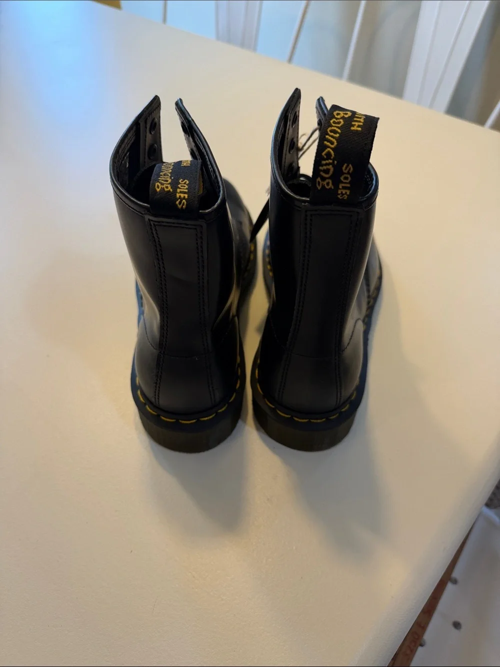 Dr. Martens Black Leather Lace-Up Boots with Yellow Stitching Sz 9.  New Tub2